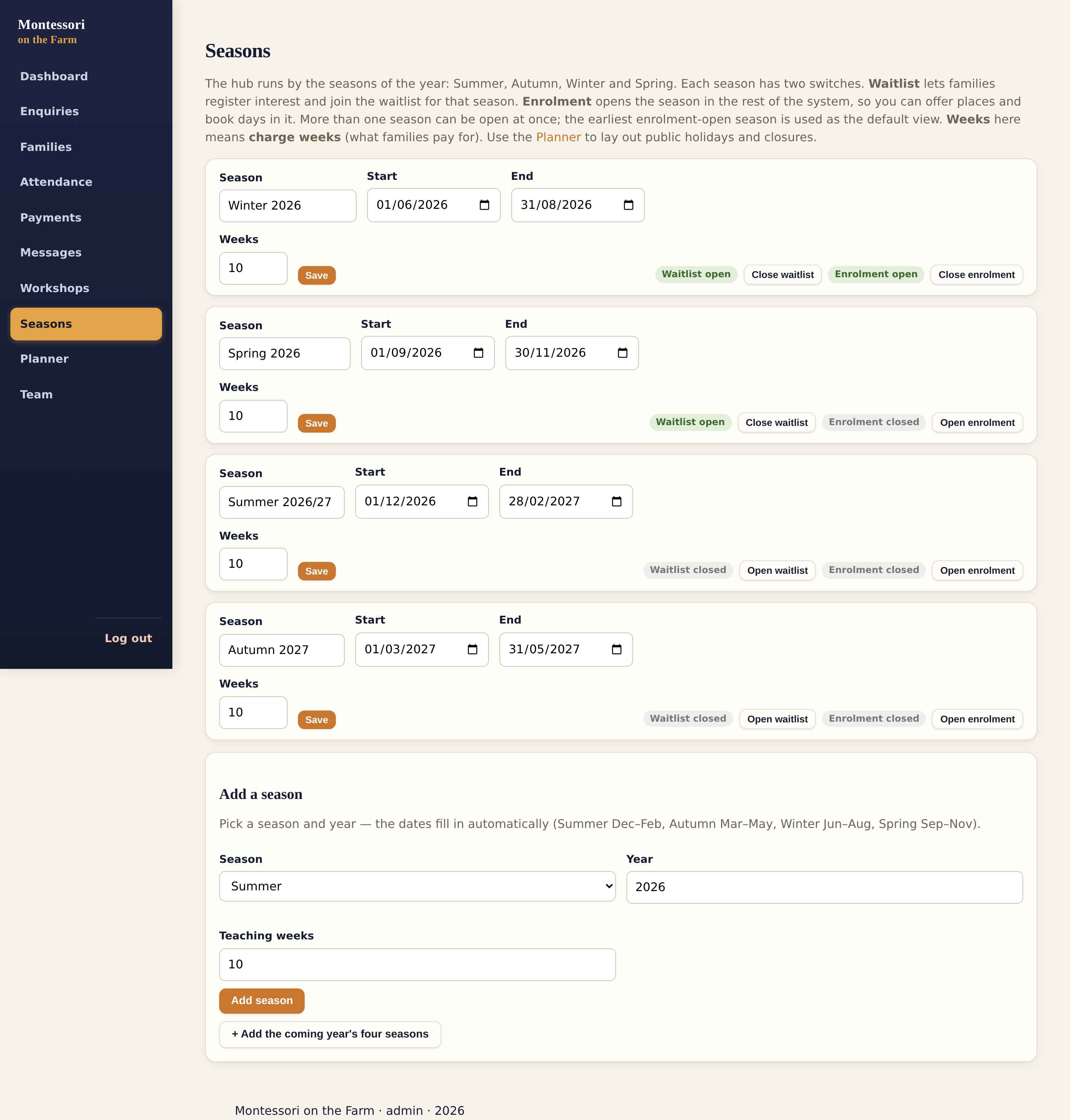 Seasons and fees admin view