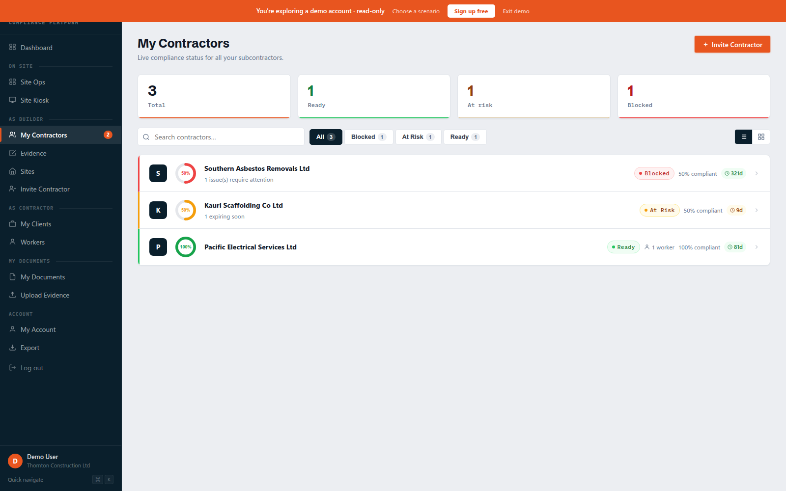 TrustPoint contractors list with readiness states